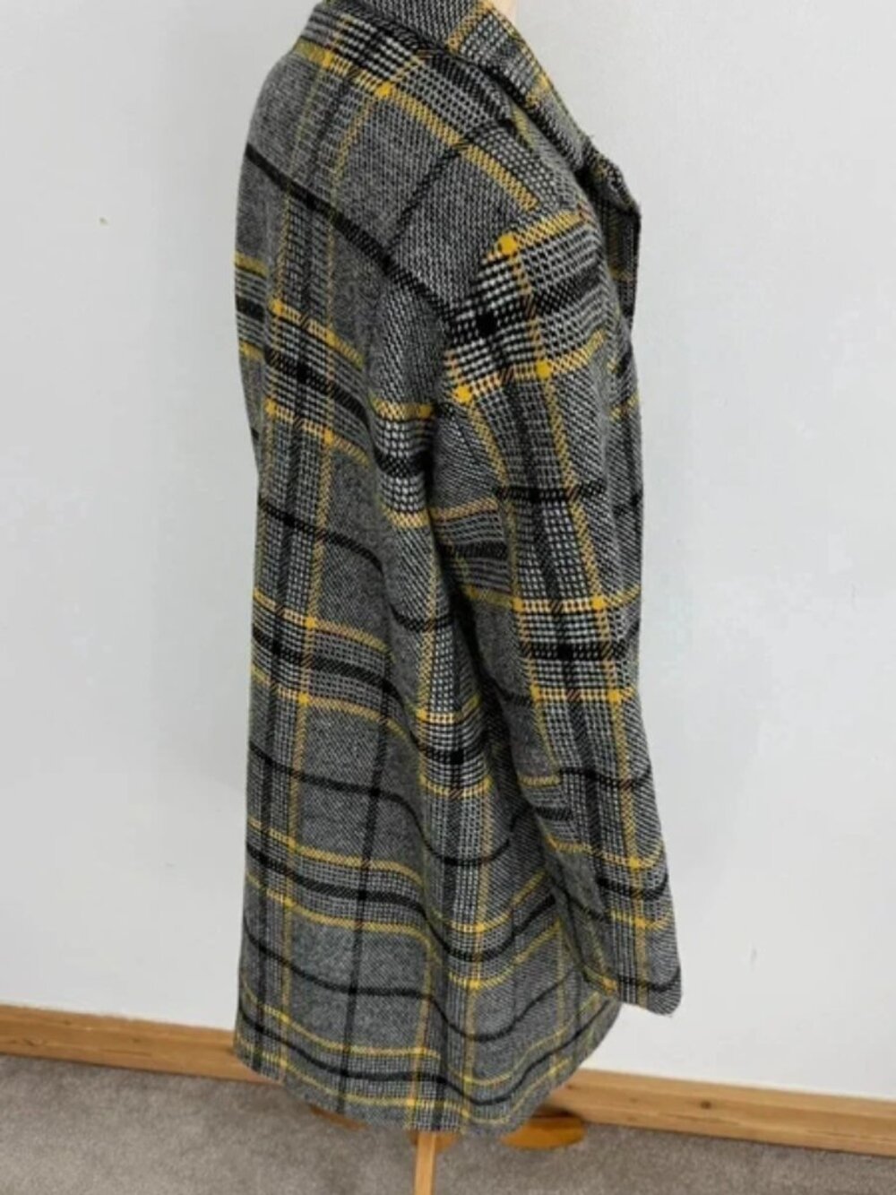 QED London Grey & Yellow Checked Wool Blend Coat 12 - Picture 5 of 5